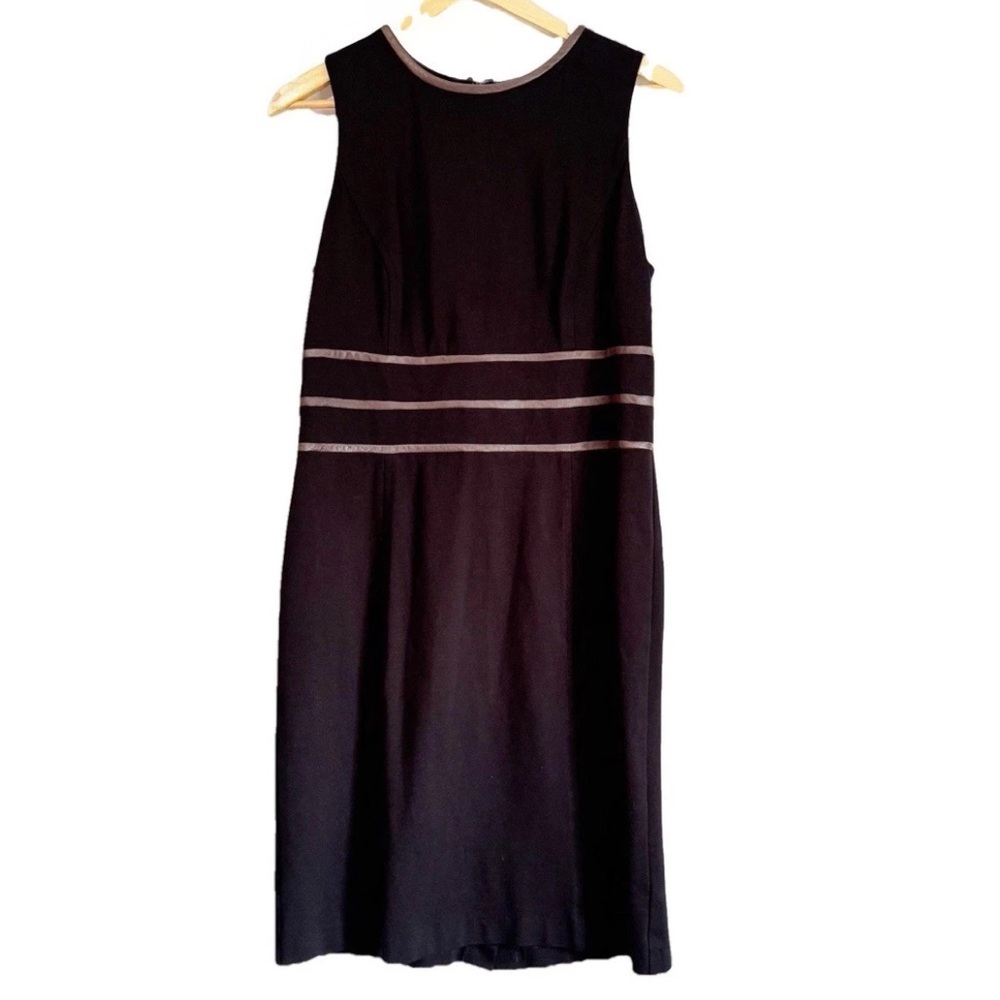 Lauren Ralph Lauren Black Sheath Midi Dress 14 Leather Trim Office Versatile